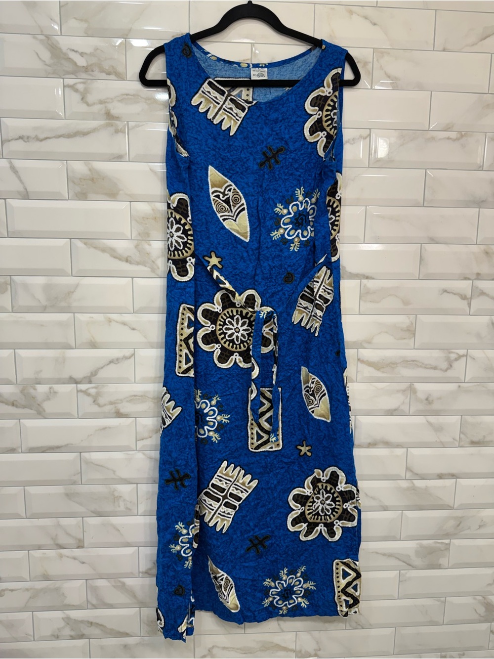 Sleeveless Blue Tribal-Print Midi Dress